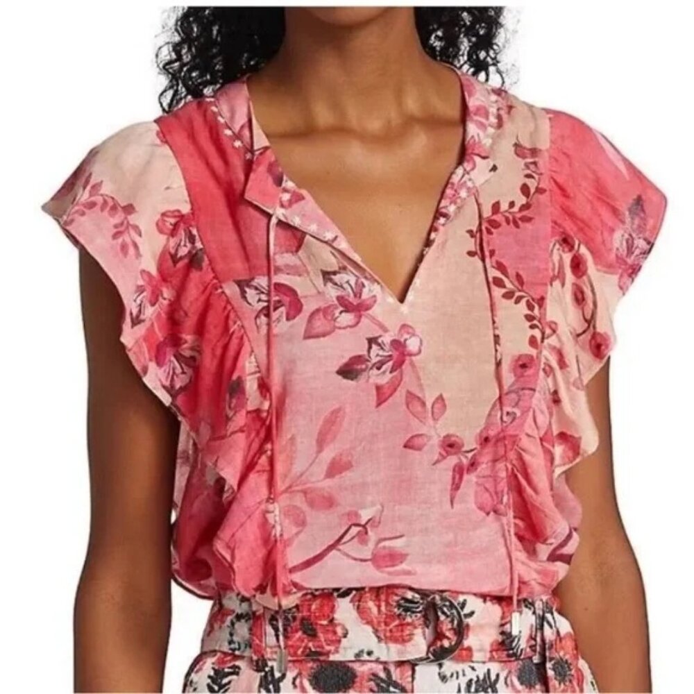 Chufy Mona Split Neck Ruffle Top Pink Floral Print Cotton Silk Medium